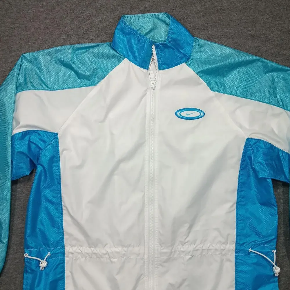 Nike Jacket Womens Small White Blue Full Zip Windbreaker Colorblock Logo Track
